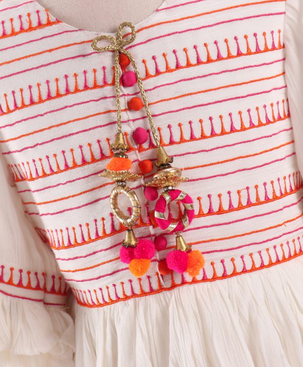 Twisha Full Sleeves Top with Ghagra- White & Coral