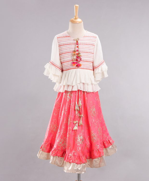 Twisha Full Sleeves Top with Ghagra- White & Coral