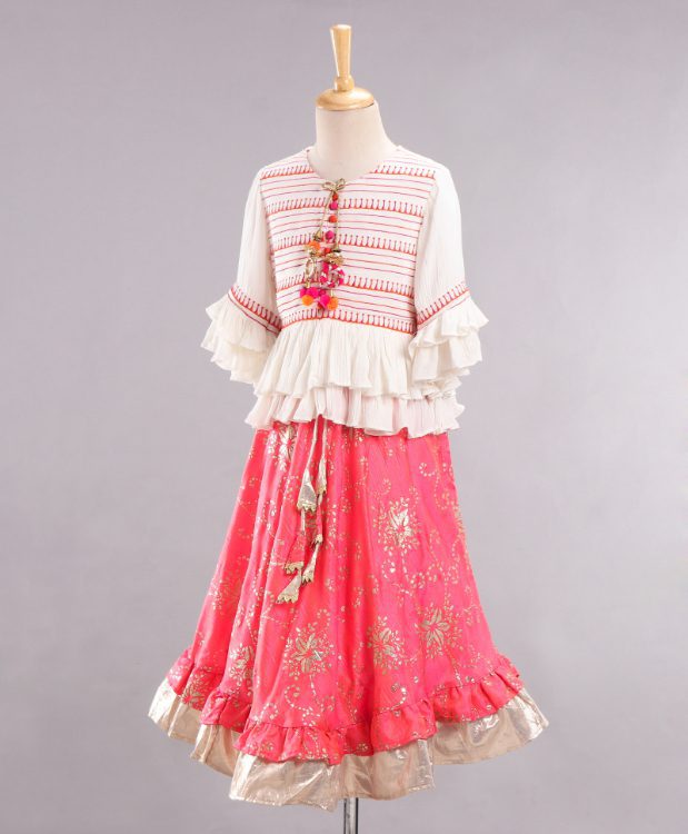 Twisha Full Sleeves Top with Ghagra- White & Coral