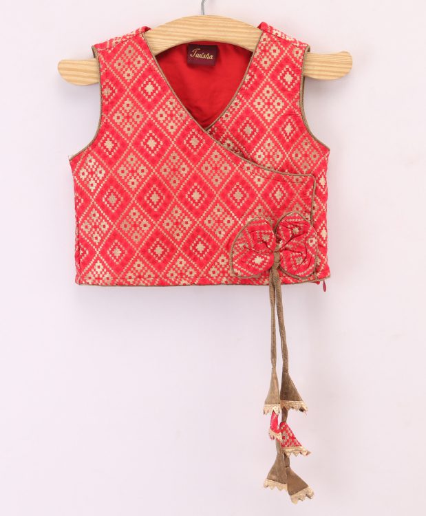 Twisha Brocade Top with Dolphin Ghagra - Red & Green