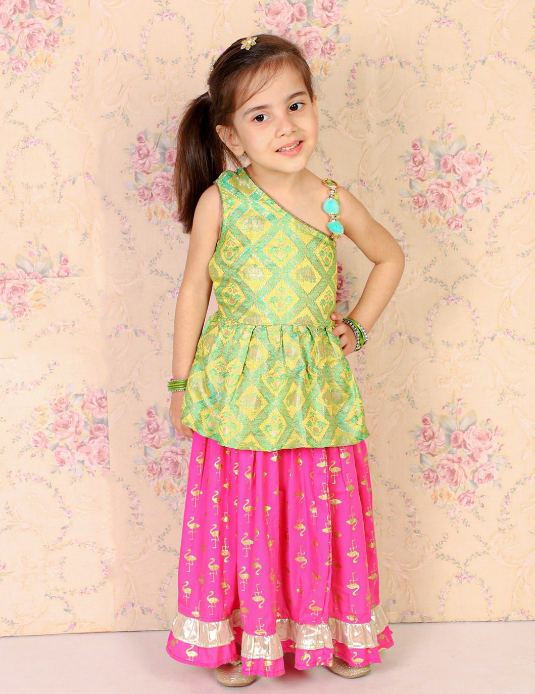 Twisha Girls Brocade One Shoulder Top With Printed Ghagra - Green & Pink