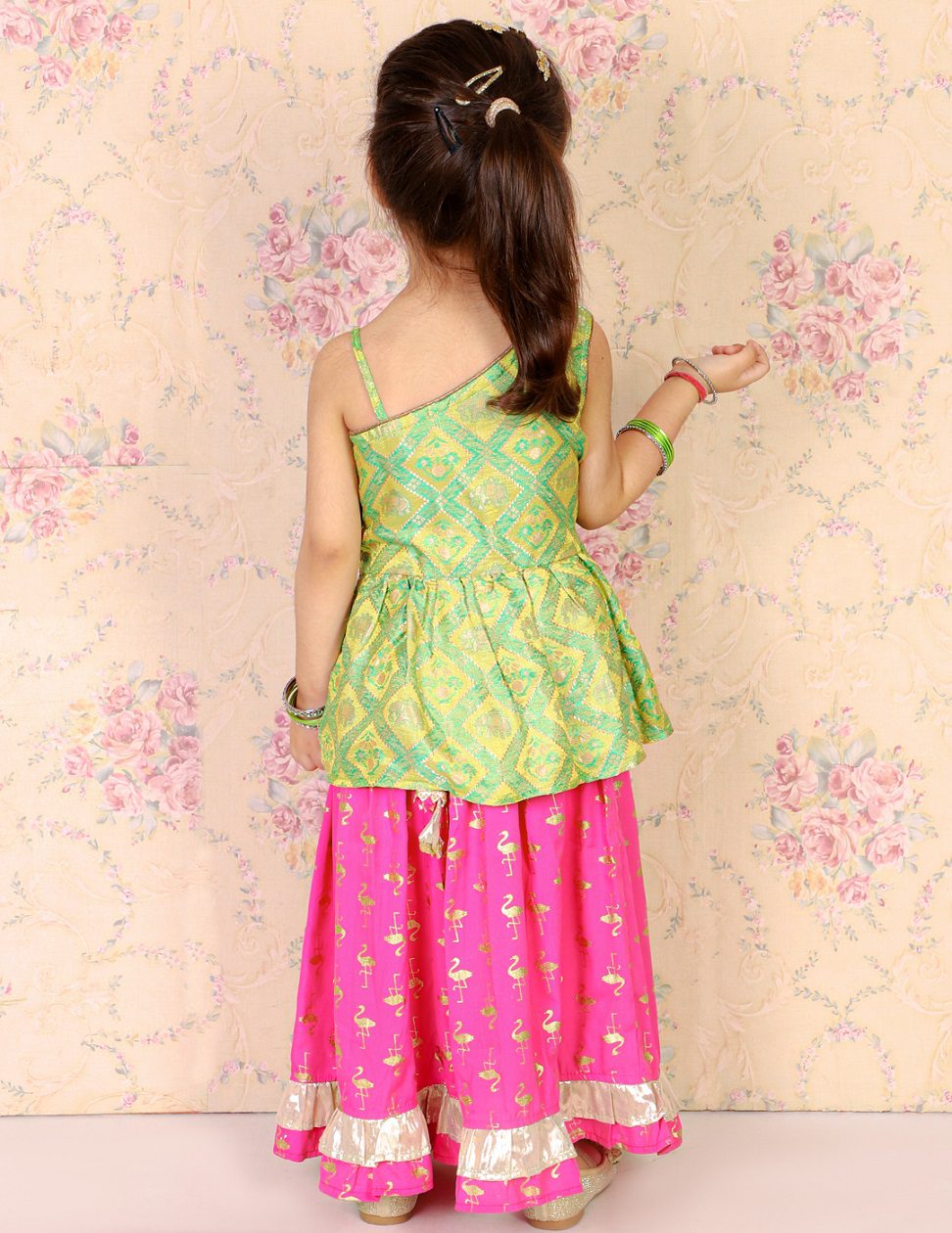 Twisha Girls Brocade One Shoulder Top With Printed Ghagra - Green & Pink