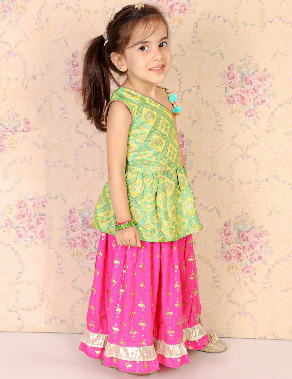 Twisha Girls Brocade One Shoulder Top With Printed Ghagra - Green & Pink