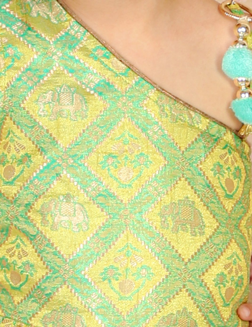 Twisha Girls Brocade One Shoulder Top With Printed Ghagra - Green & Pink