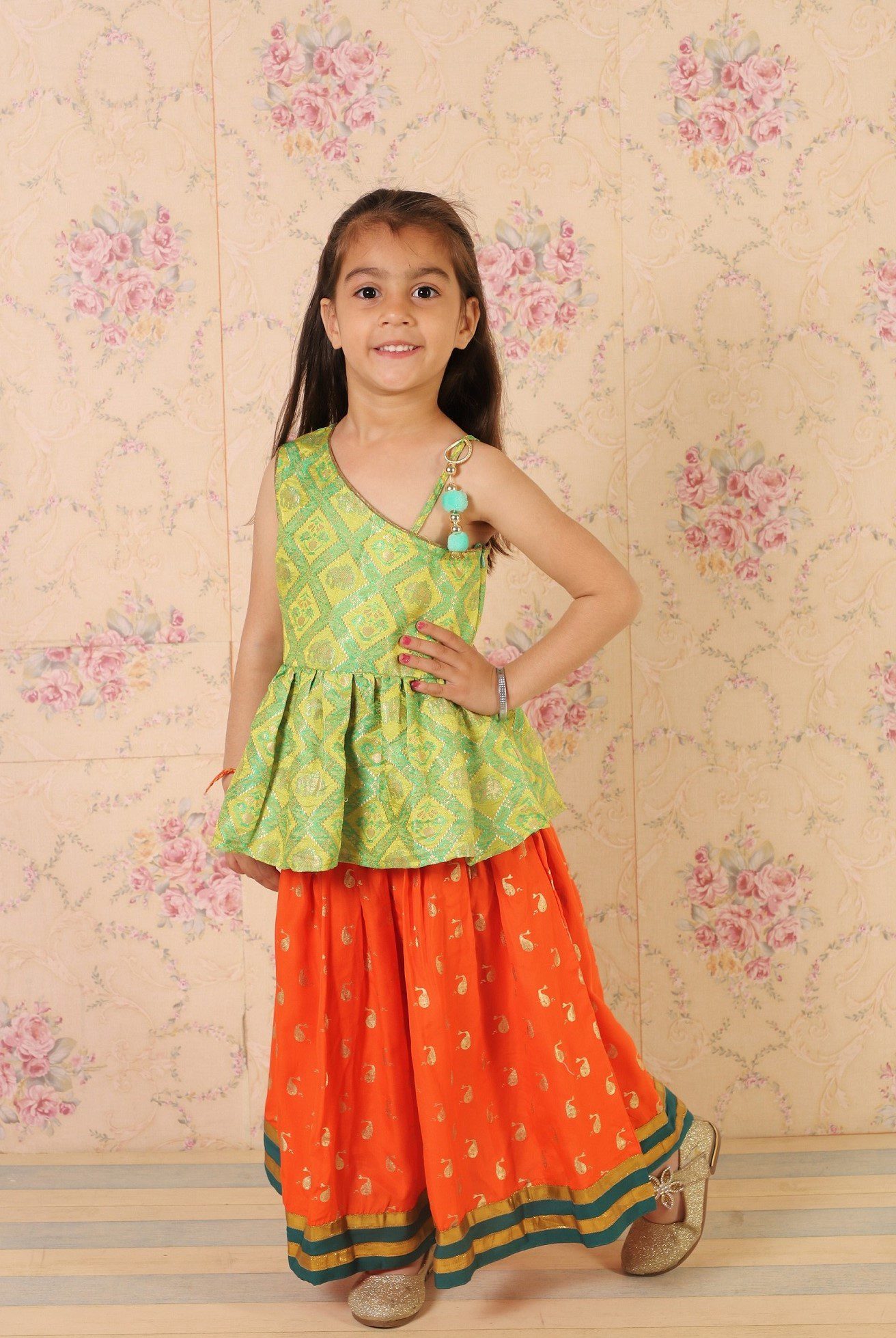 Twisha Girls Brocade One Shoulder Top With Printed Ghagra - Green & Orange