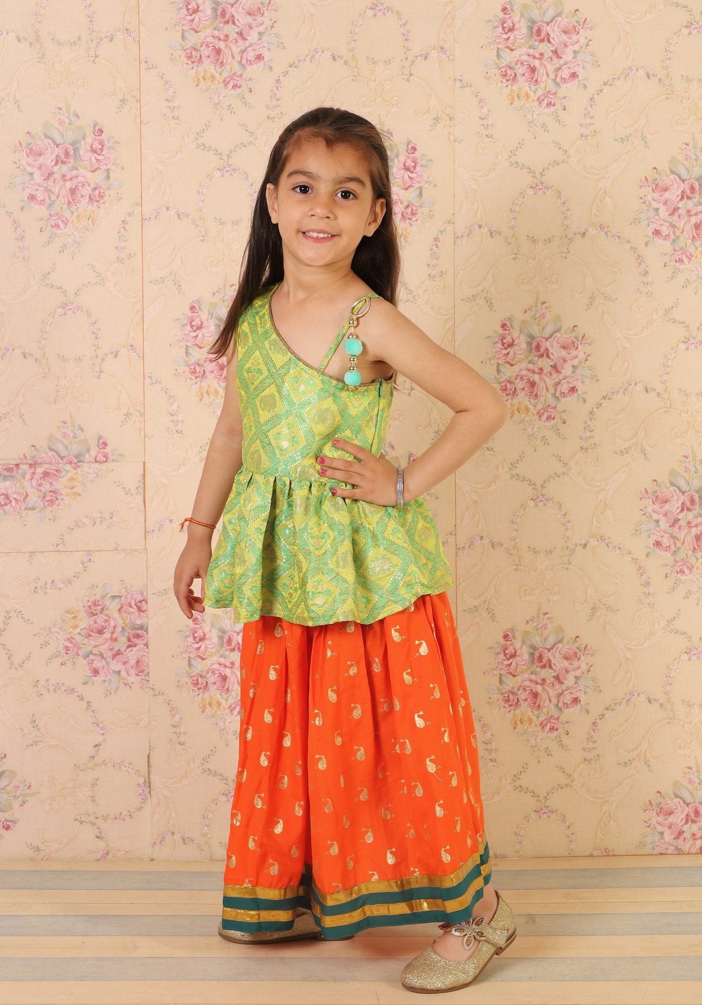 Twisha Girls Brocade One Shoulder Top With Printed Ghagra - Green & Orange