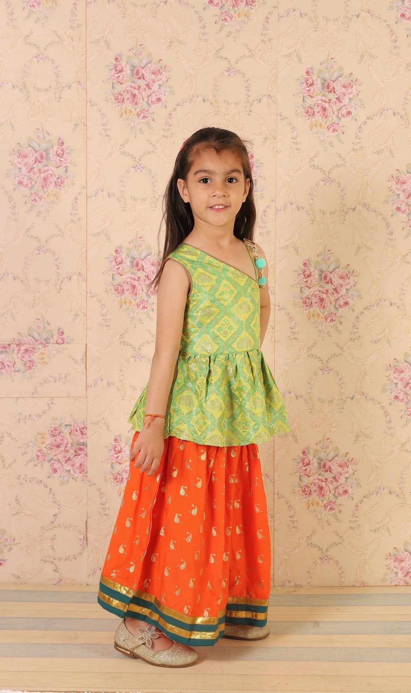 Twisha Girls Brocade One Shoulder Top With Printed Ghagra - Green & Orange