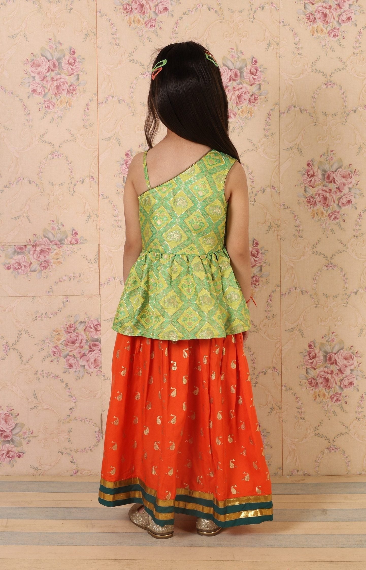 Twisha Girls Brocade One Shoulder Top With Printed Ghagra - Green & Orange