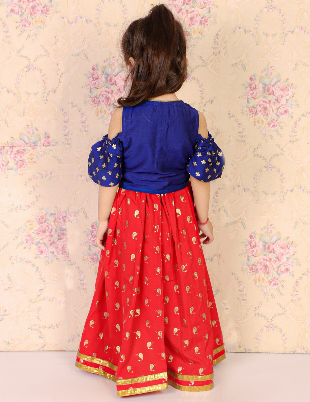 Twisha Girls Cold Shoulder Printed Top With Printed Ghagra - Blue & Red