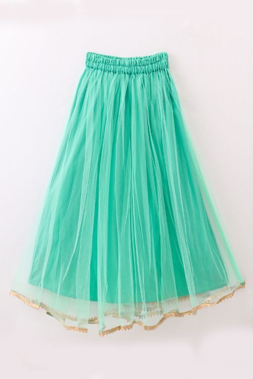Twisha Girls brocade sleeveless Top & Net Ghagra - Sea Green