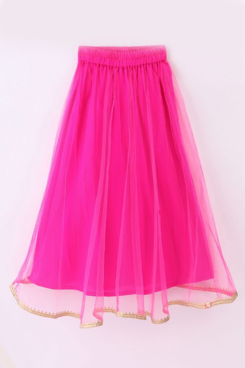 Twisha Girls Incut Style Top & Net Ghagra - Yellow & Pink