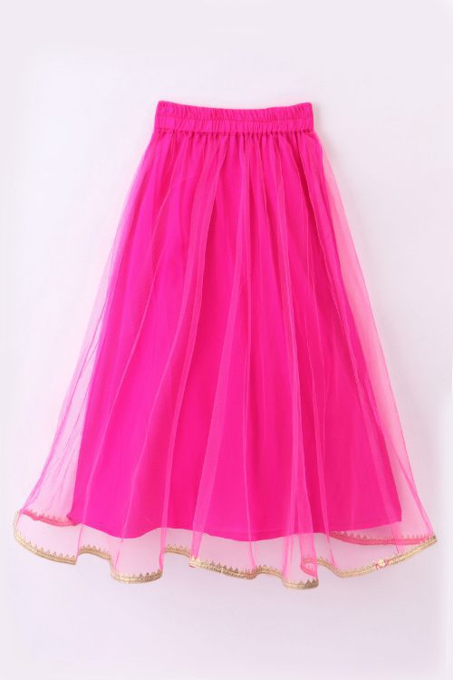 Twisha Girls Incut Style Top & Net Ghagra - Yellow & Pink