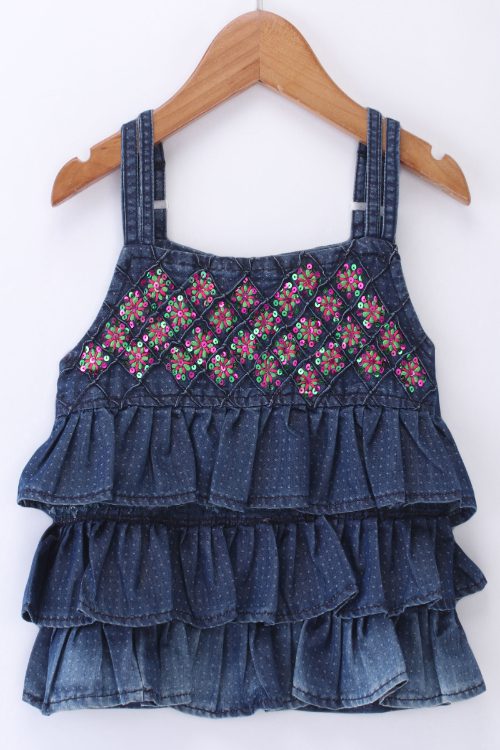 Twisha Girls Embroidered Frilled Denim Top & Gold Printed Ghagra - Blue & Pink