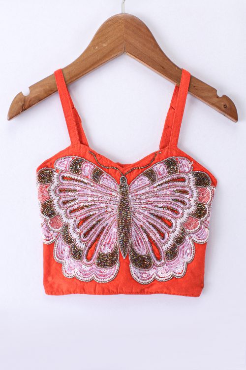 Twisha Girls Elaborate Butterfly Embroidered Crop Top & Printed Ghagra - Orange & Blue