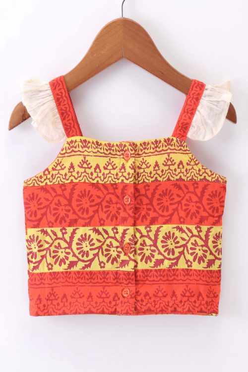 Twisha Girls Printed Top & Ghagra - Orange & Off White