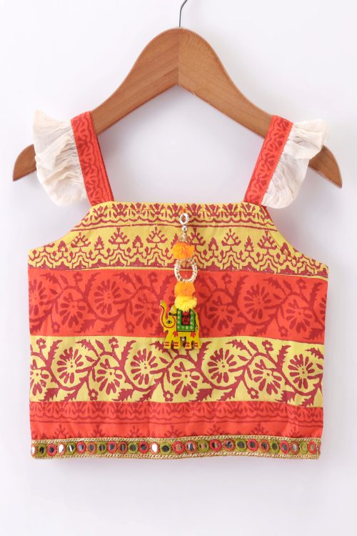 Twisha Girls Printed Top & Ghagra - Orange & Off White