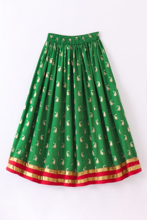 Twisha Girls Peplum Self Design Top & Printed Ghagra - Pink & Green