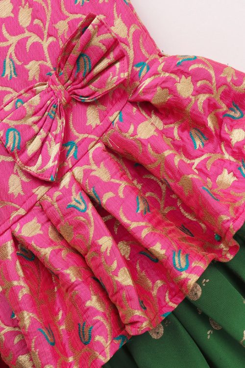 Twisha Girls Peplum Self Design Top & Printed Ghagra - Pink & Green