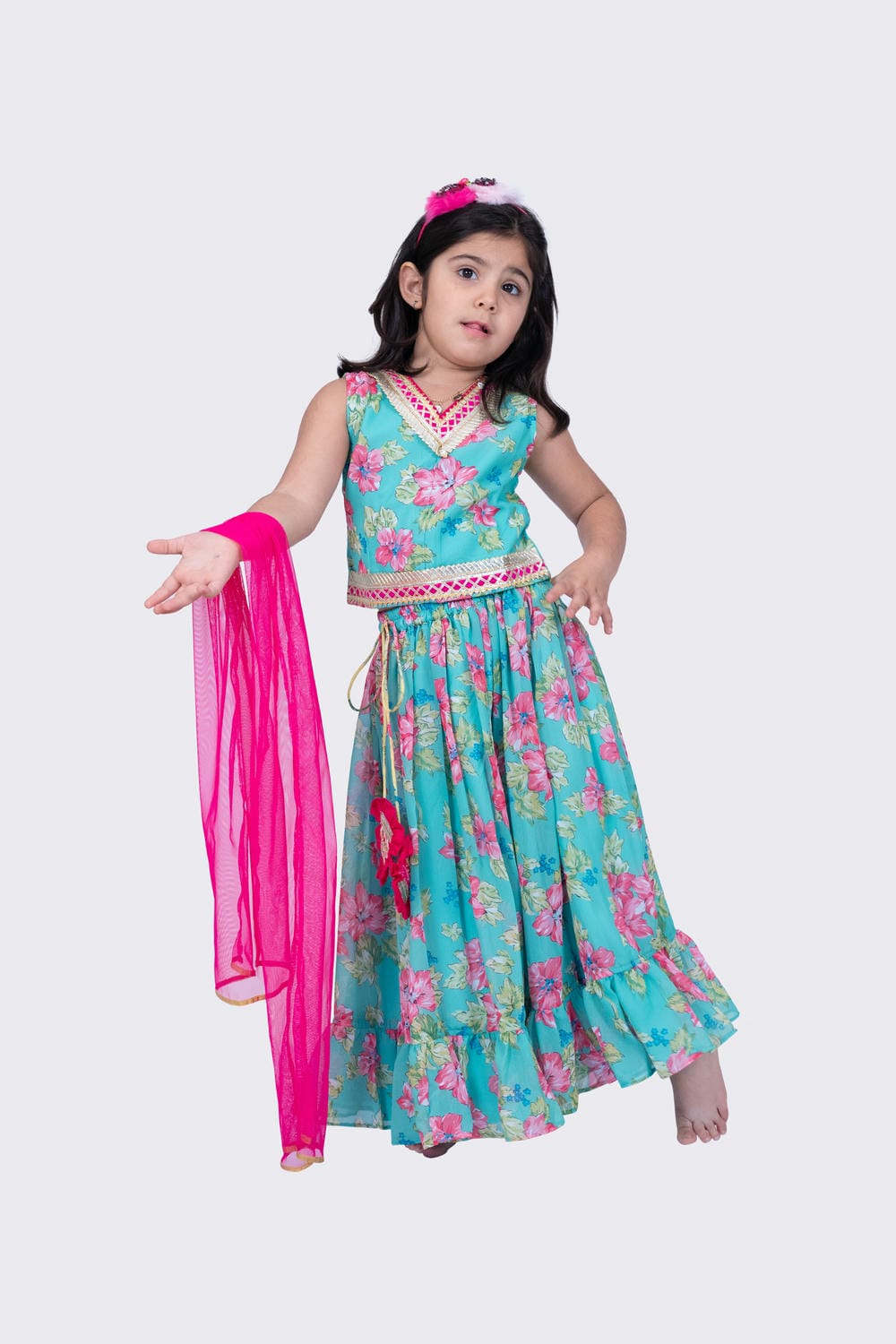 Twisha Girl's Sleeveless Floral Printed V Neck Back Open Ghagra Choli - Sea Green