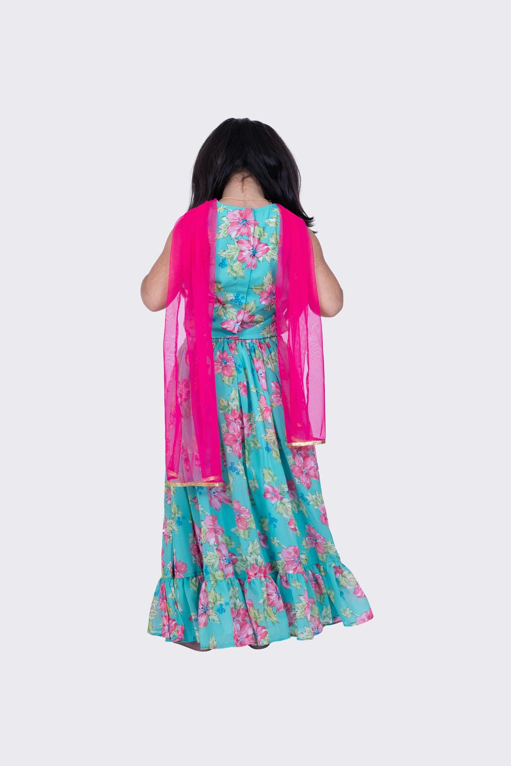 Twisha Girl's Sleeveless Floral Printed V Neck Back Open Ghagra Choli - Sea Green