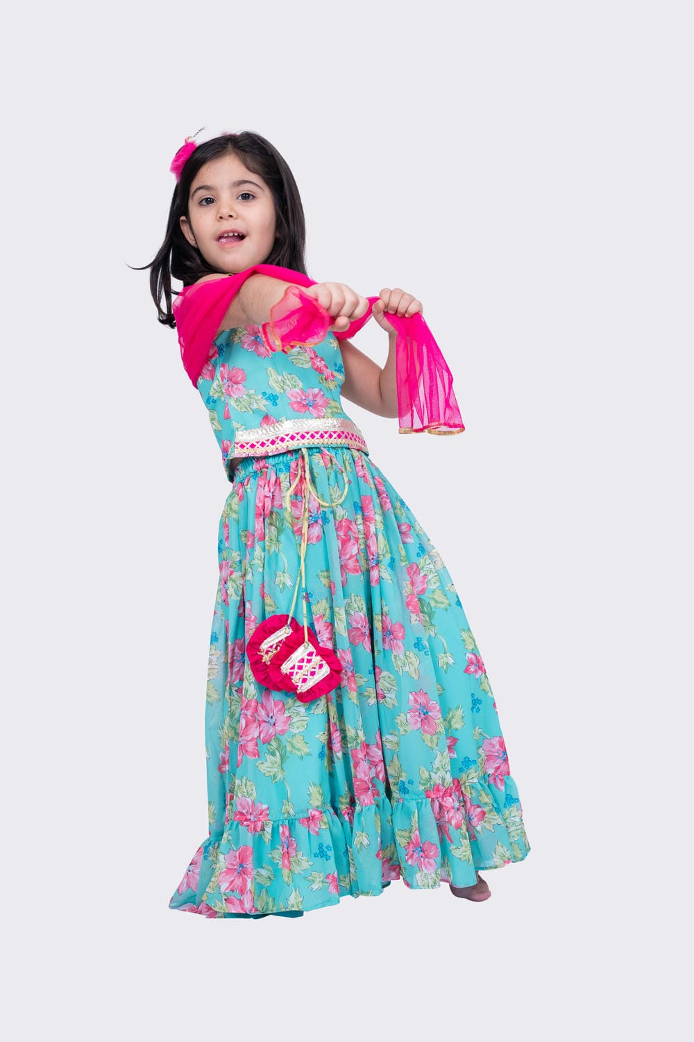 Twisha Girl's Sleeveless Floral Printed V Neck Back Open Ghagra Choli - Sea Green