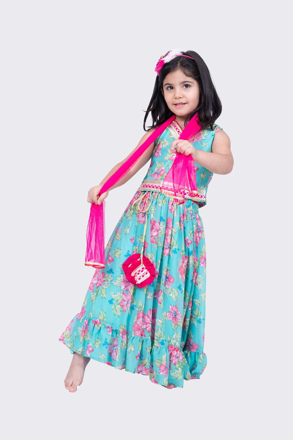 Twisha Girl's Sleeveless Floral Printed V Neck Back Open Ghagra Choli - Sea Green