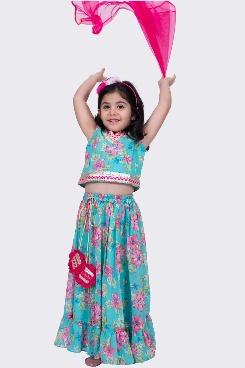 Twisha Girl's Sleeveless Floral Printed V Neck Back Open Ghagra Choli - Sea Green