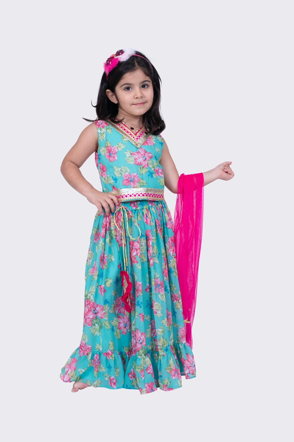 Twisha Girl's Sleeveless Floral Printed V Neck Back Open Ghagra Choli - Sea Green