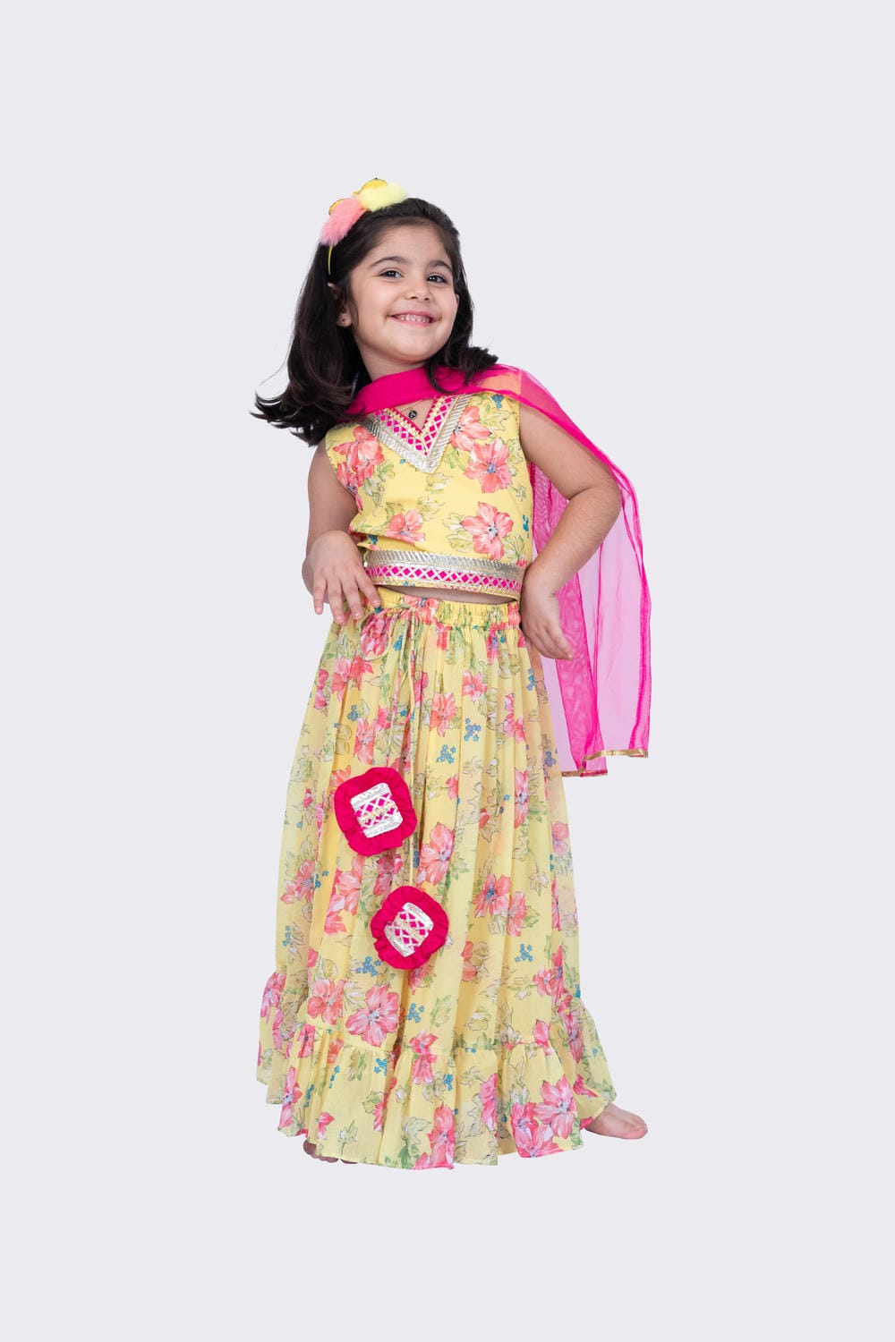 Twisha Girl's Sleeveless Floral Printed V Neck Back Open Ghagra Choli - Yellow