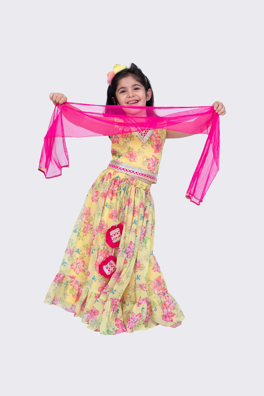 Twisha Girl's Sleeveless Floral Printed V Neck Back Open Ghagra Choli - Yellow