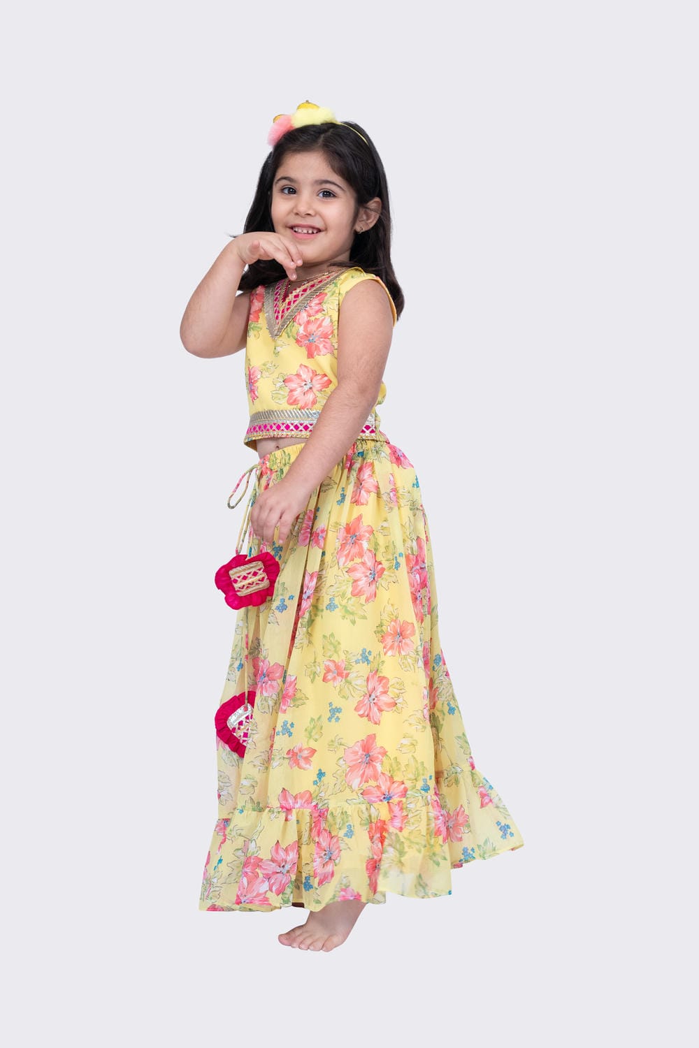 Twisha Girl's Sleeveless Floral Printed V Neck Back Open Ghagra Choli - Yellow