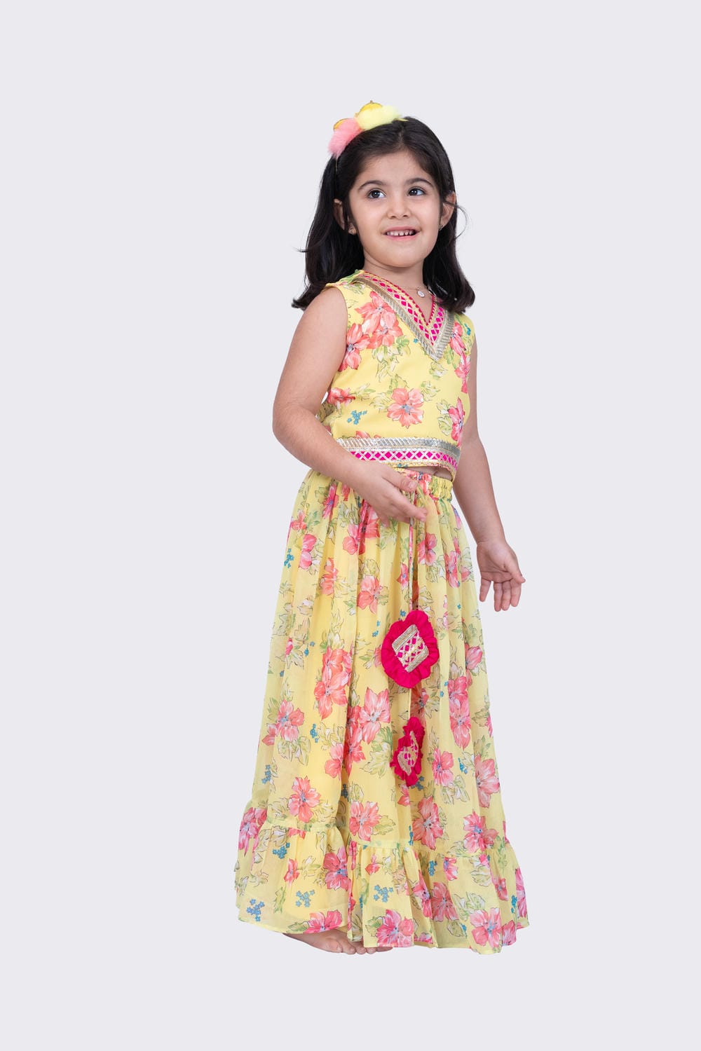 Twisha Girl's Sleeveless Floral Printed V Neck Back Open Ghagra Choli - Yellow
