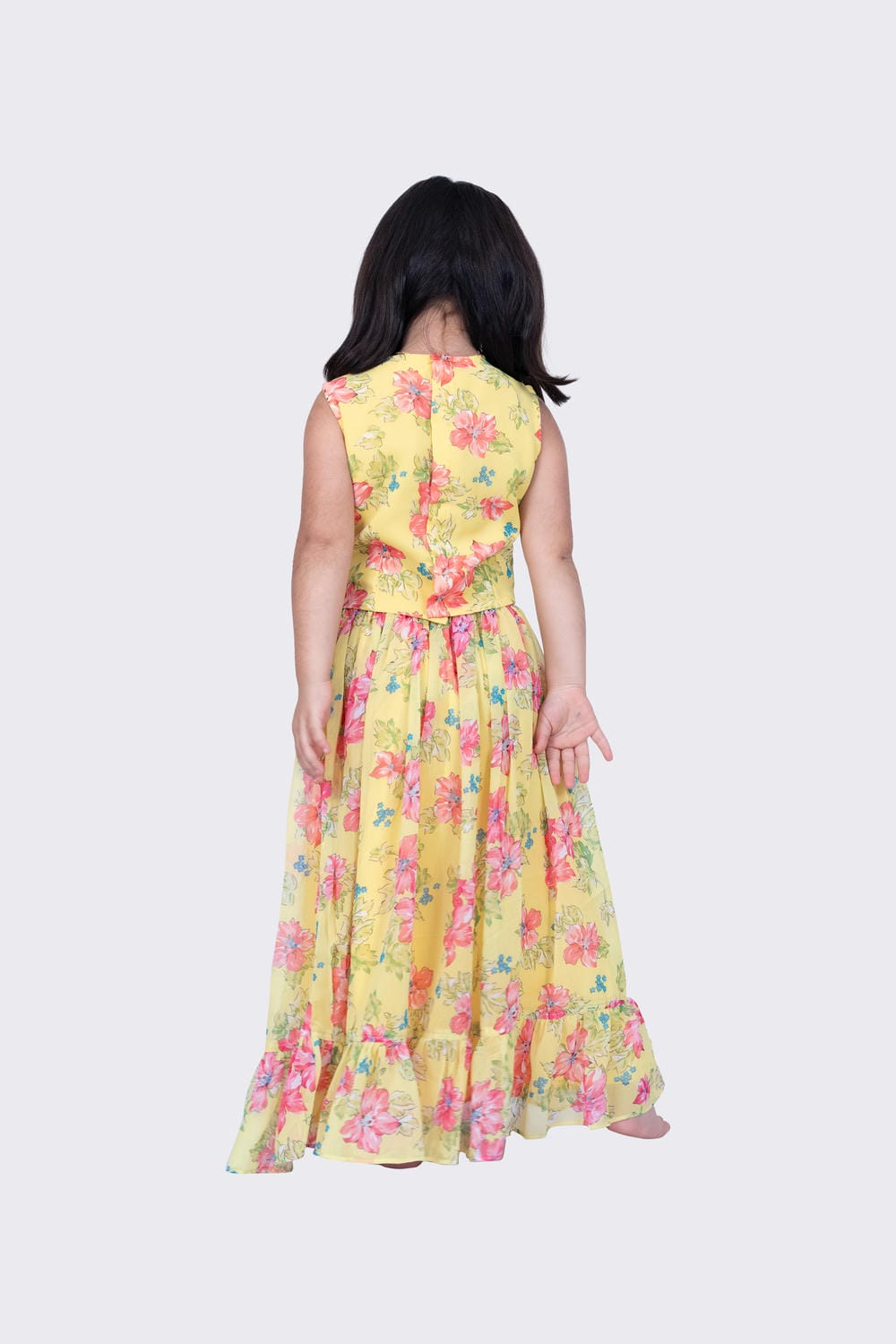Twisha Girl's Sleeveless Floral Printed V Neck Back Open Ghagra Choli - Yellow