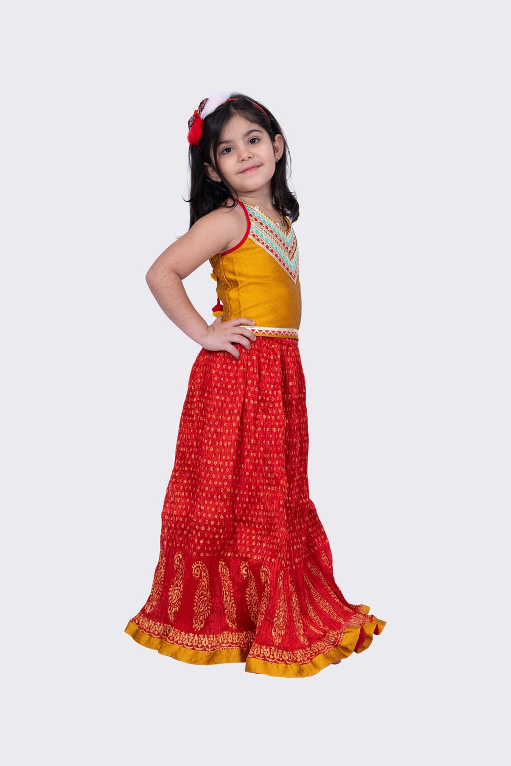 Twisha Girl's Halter Neck Jaquard Top and Art Silk Crushed Ghagra -Mustard & Red