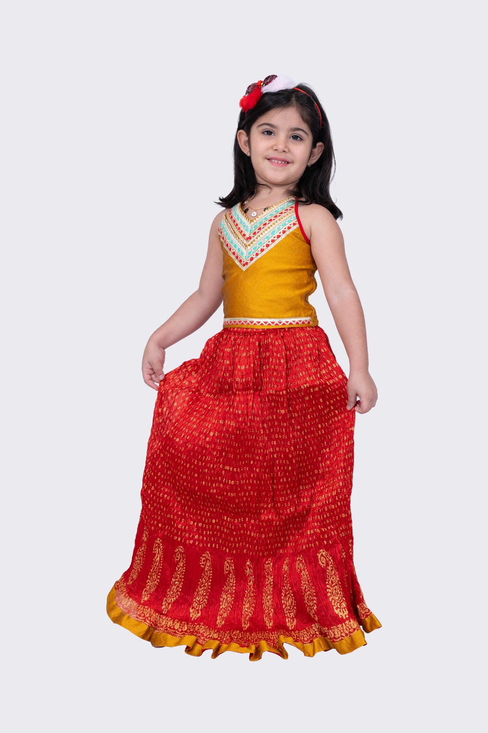 Twisha Girl's Halter Neck Jaquard Top and Art Silk Crushed Ghagra -Mustard & Red