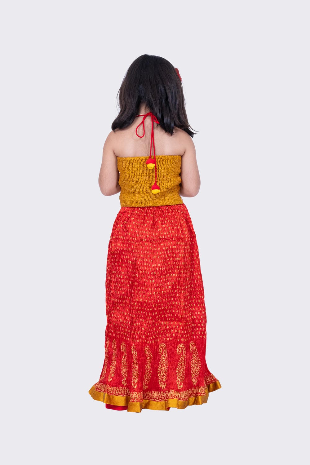 Twisha Girl's Halter Neck Jaquard Top and Art Silk Crushed Ghagra -Mustard & Red