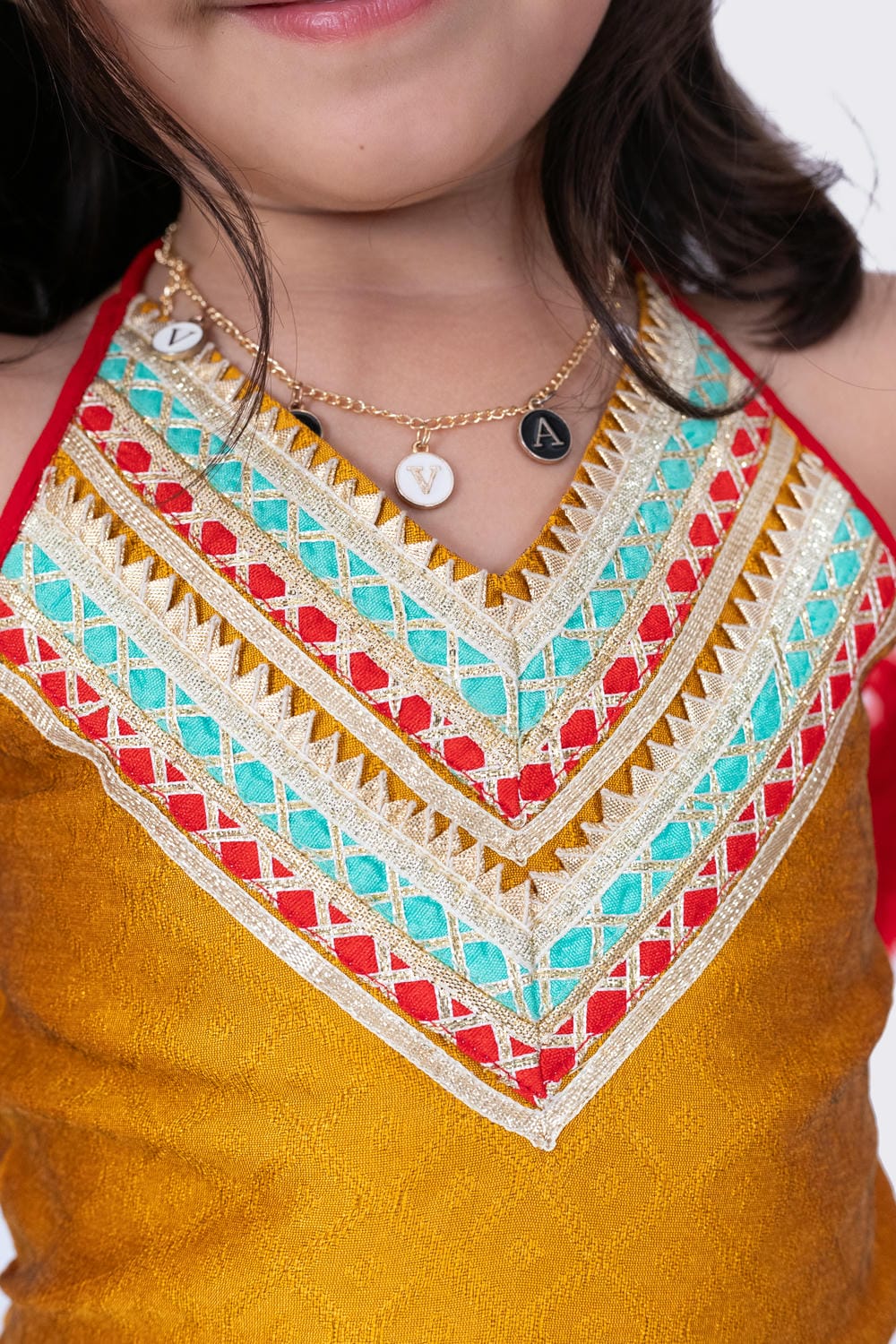 Twisha Girl's Halter Neck Jaquard Top and Art Silk Crushed Ghagra -Mustard & Red