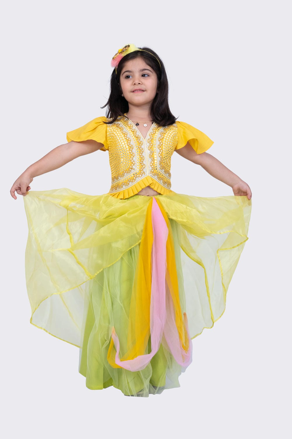Twisha Girl's Frilled Sleeves Mirror Embellished Top and Draped Ghagra- Mustar & Lime Green