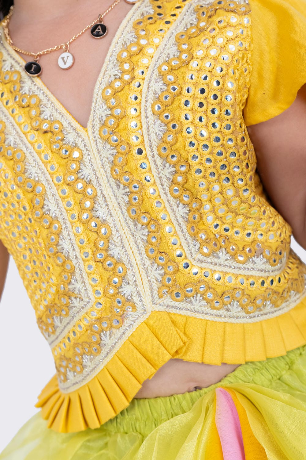 Twisha Girl's Frilled Sleeves Mirror Embellished Top and Draped Ghagra- Mustar & Lime Green