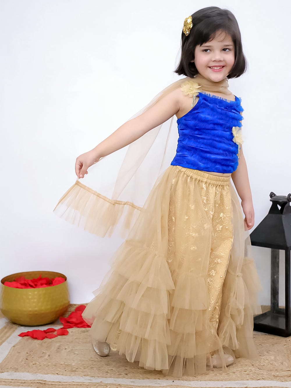 Twisha Girl's Sleeveless Floral Applique Ruffle Top & Embellished Chania With Dupatta Set -Blue & Beige