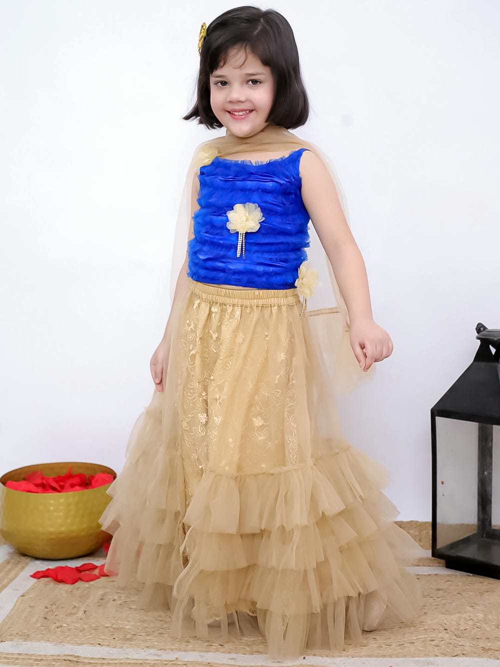 Twisha Girl's Sleeveless Floral Applique Ruffle Top & Embellished Chania With Dupatta Set -Blue & Beige