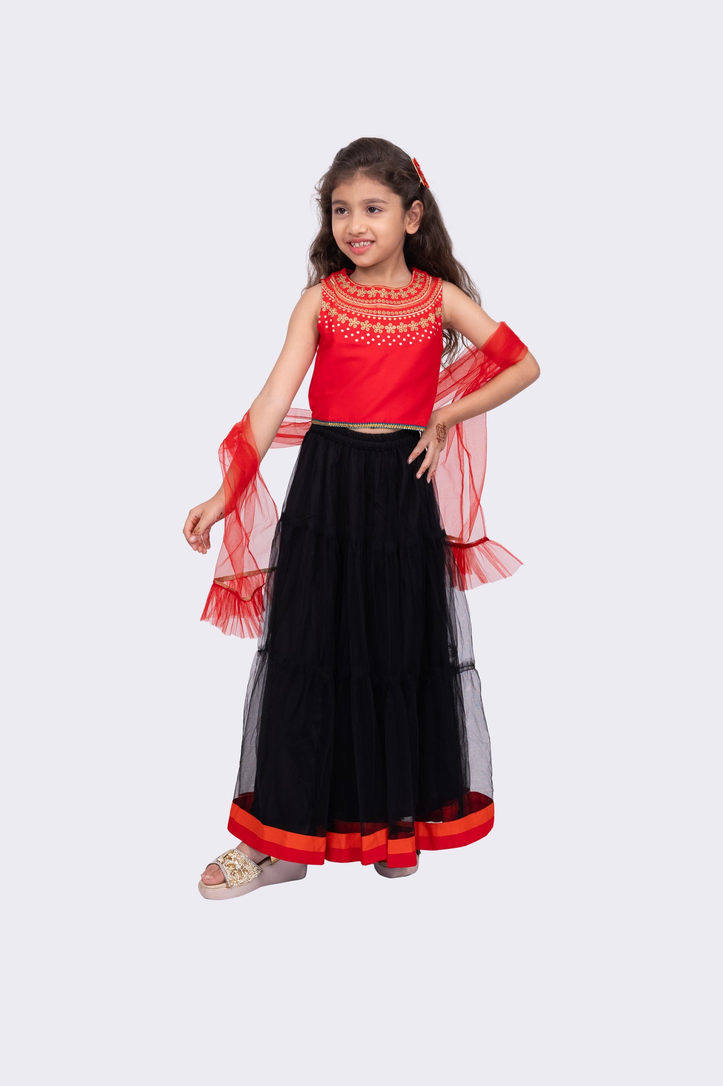 Twisha Sleeveless Embroidered Round Neck Choli With Lehenga-Red & Black