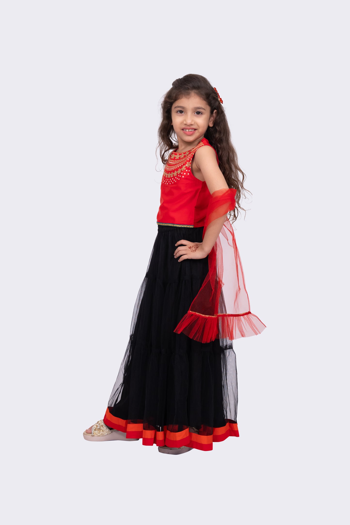 Twisha Sleeveless Embroidered Round Neck Choli With Lehenga-Red & Black