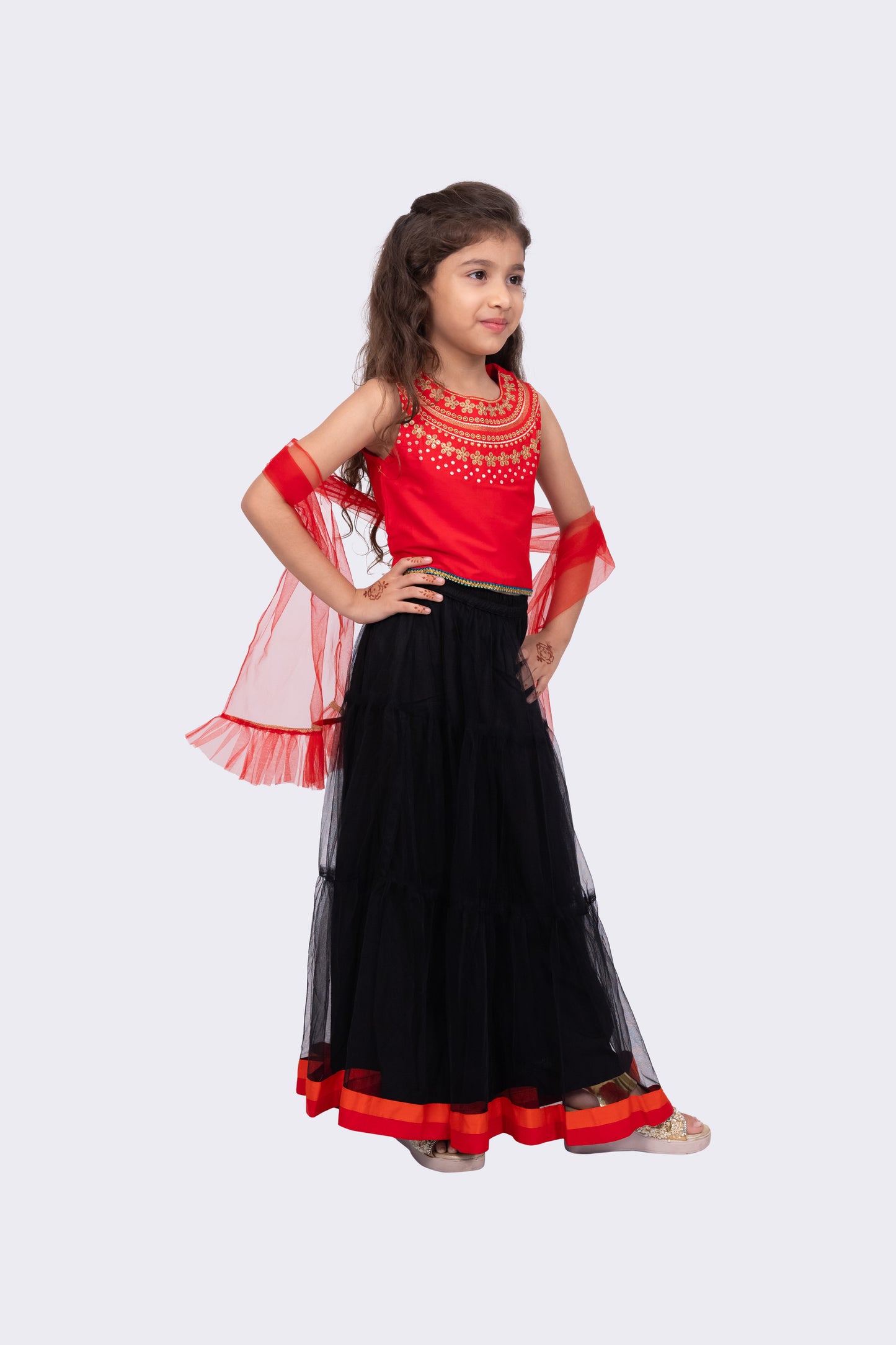 Twisha Sleeveless Embroidered Round Neck Choli With Lehenga-Red & Black