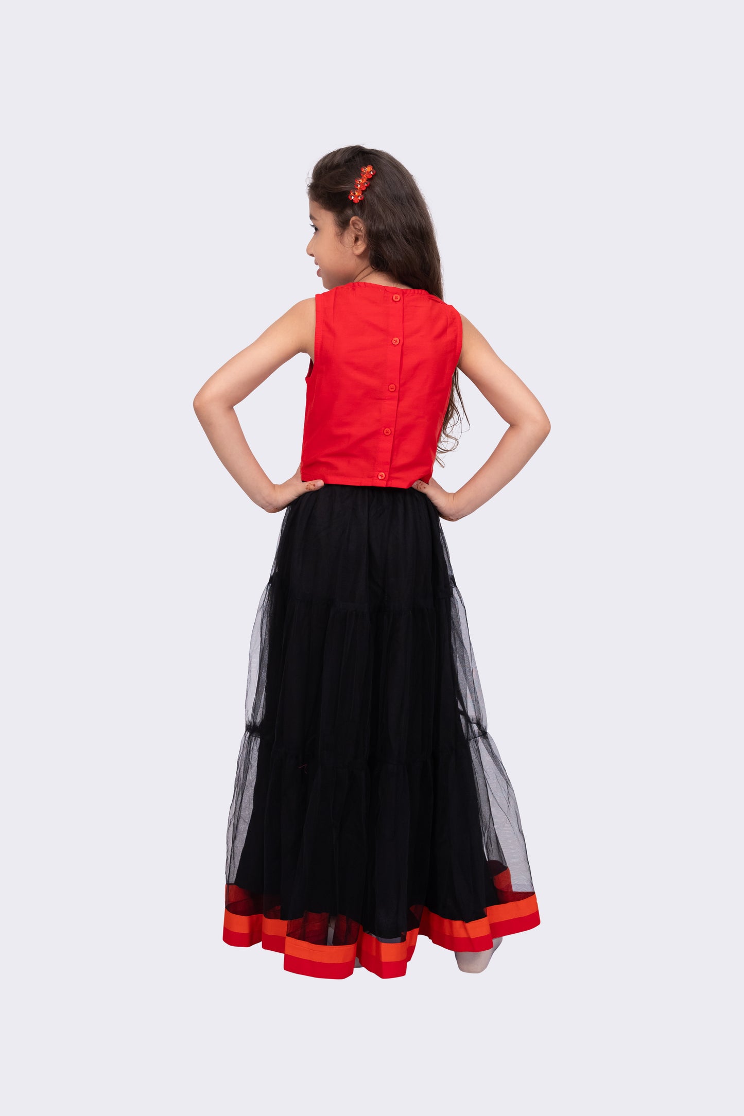 Twisha Sleeveless Embroidered Round Neck Choli With Lehenga-Red & Black