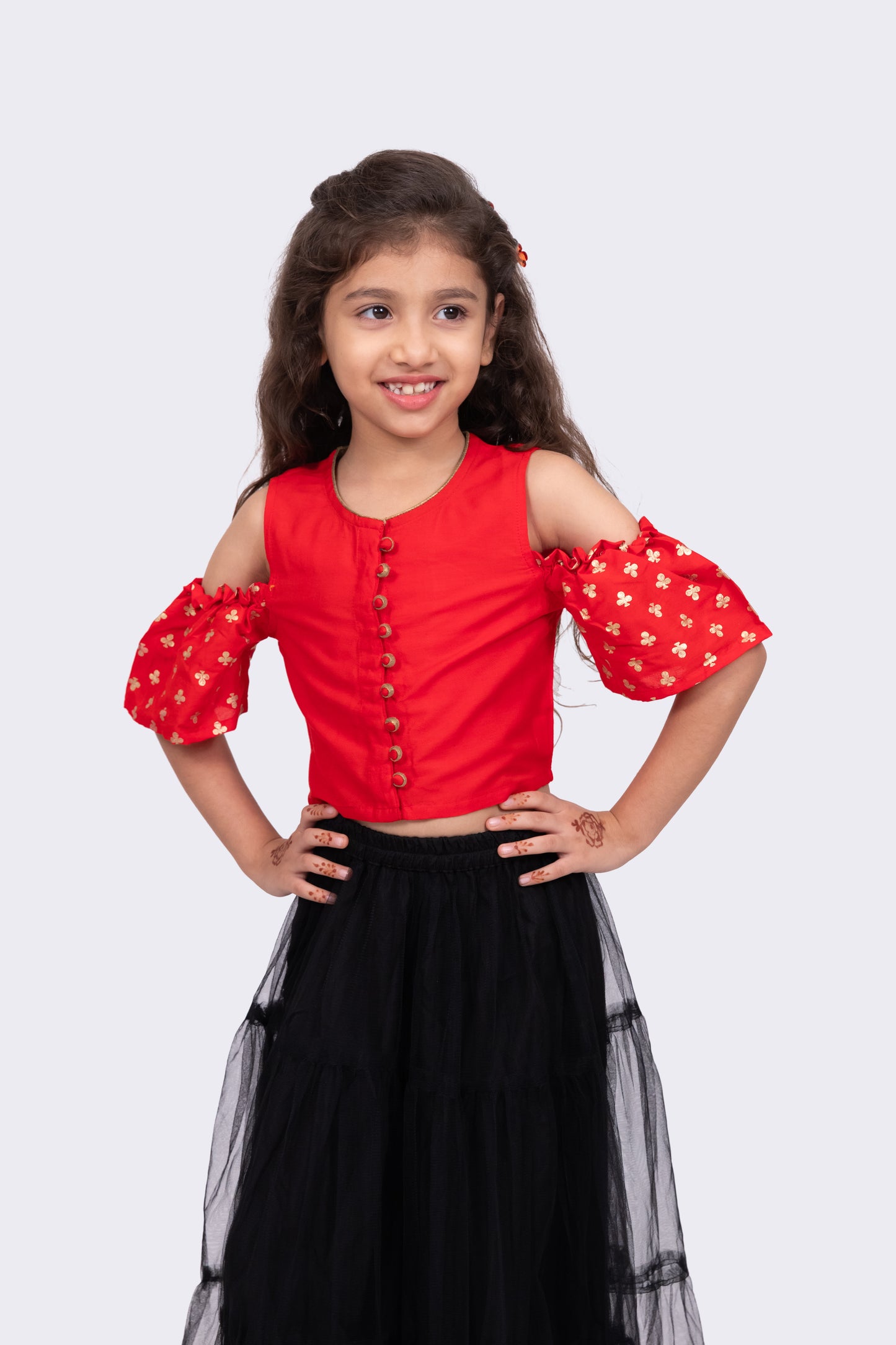 Twisha Sleeveless Round Neck Cold Shoulder Choli With Lehenga-Red & Black