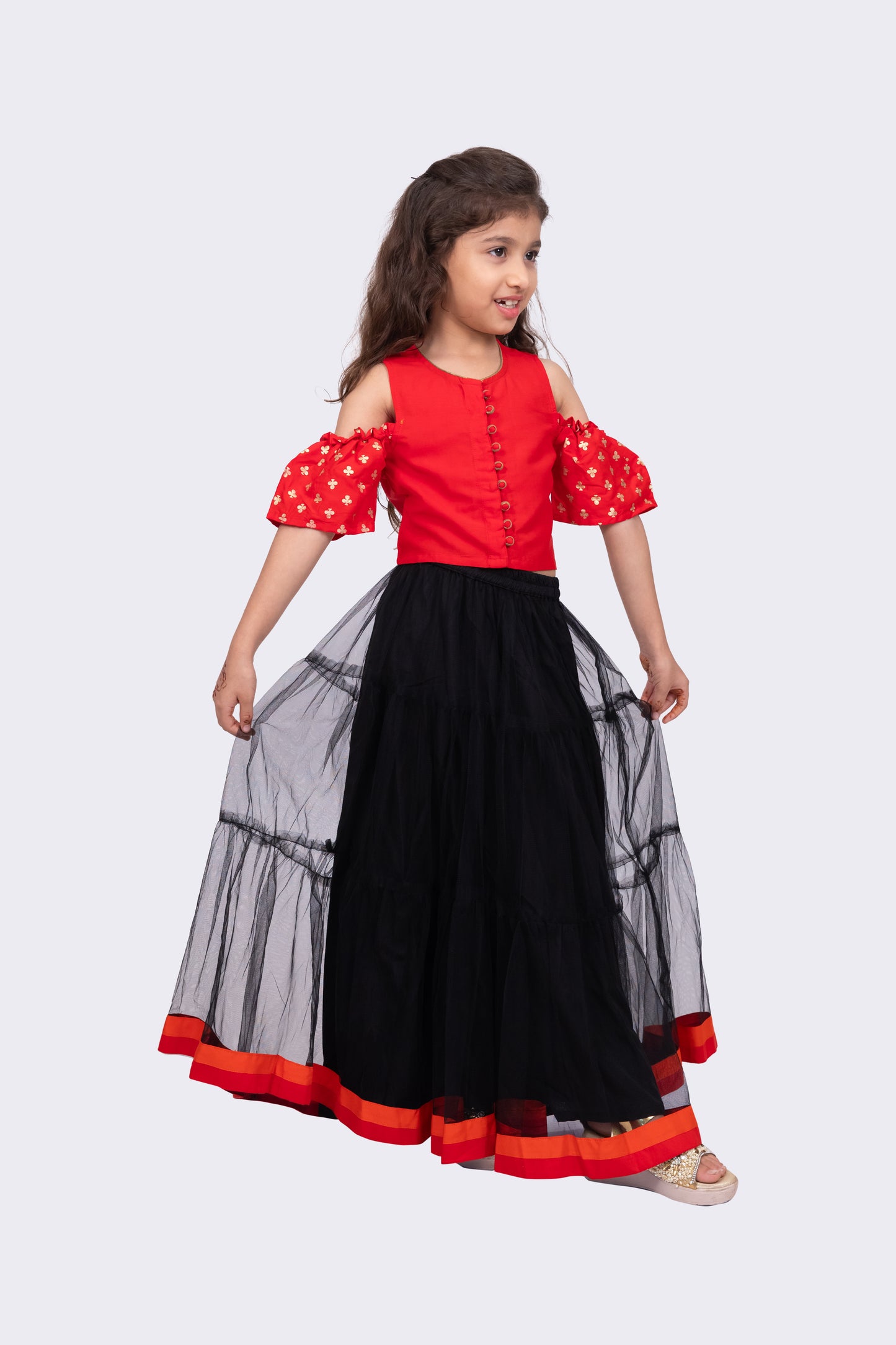 Twisha Sleeveless Round Neck Cold Shoulder Choli With Lehenga-Red & Black