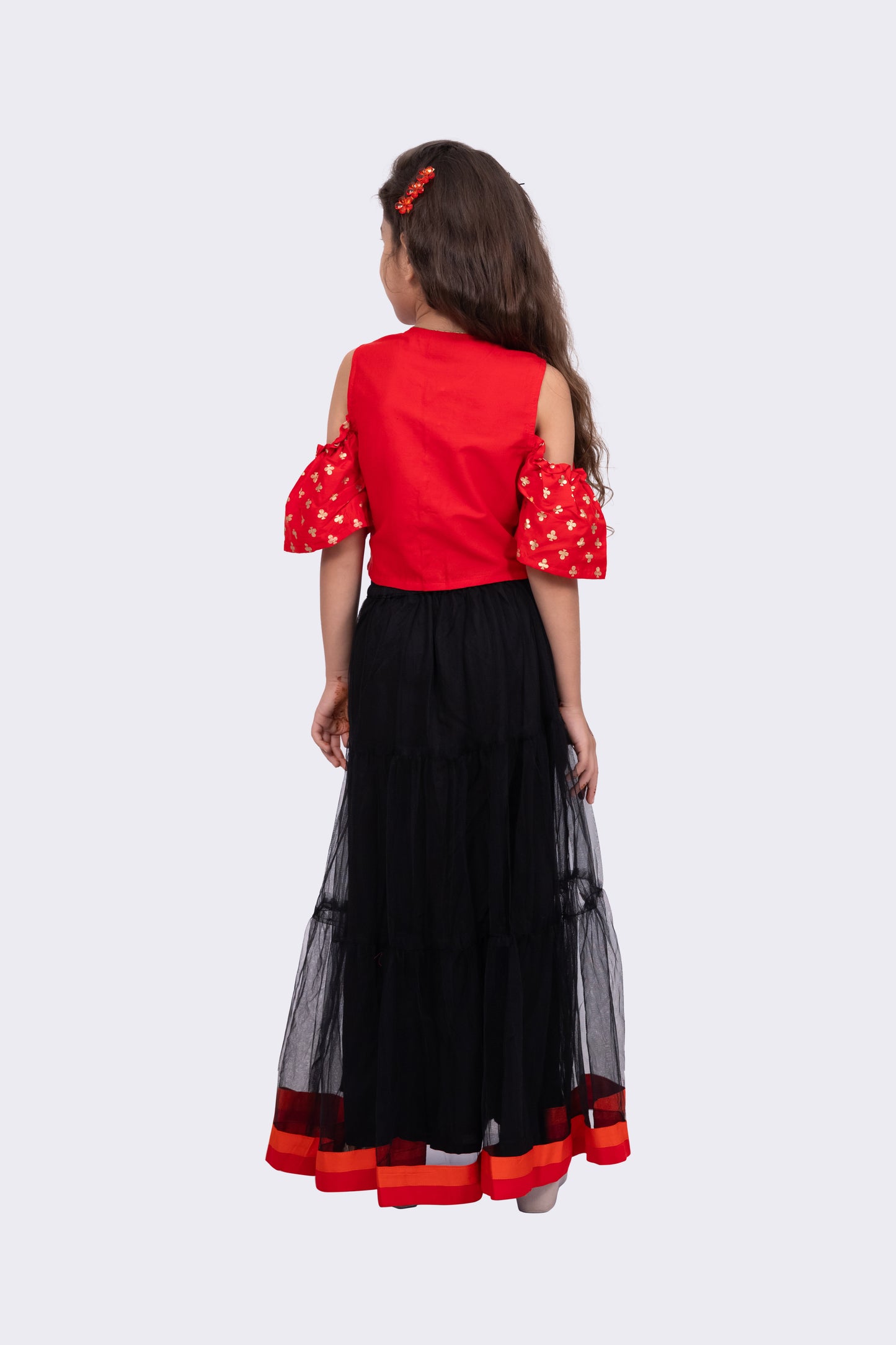 Twisha Sleeveless Round Neck Cold Shoulder Choli With Lehenga-Red & Black
