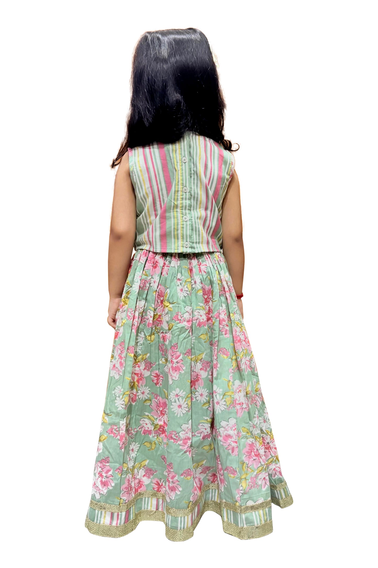 Twisha Cotton Sleeveless All Over Prined Top with Lehenga - Olive Green & Pink