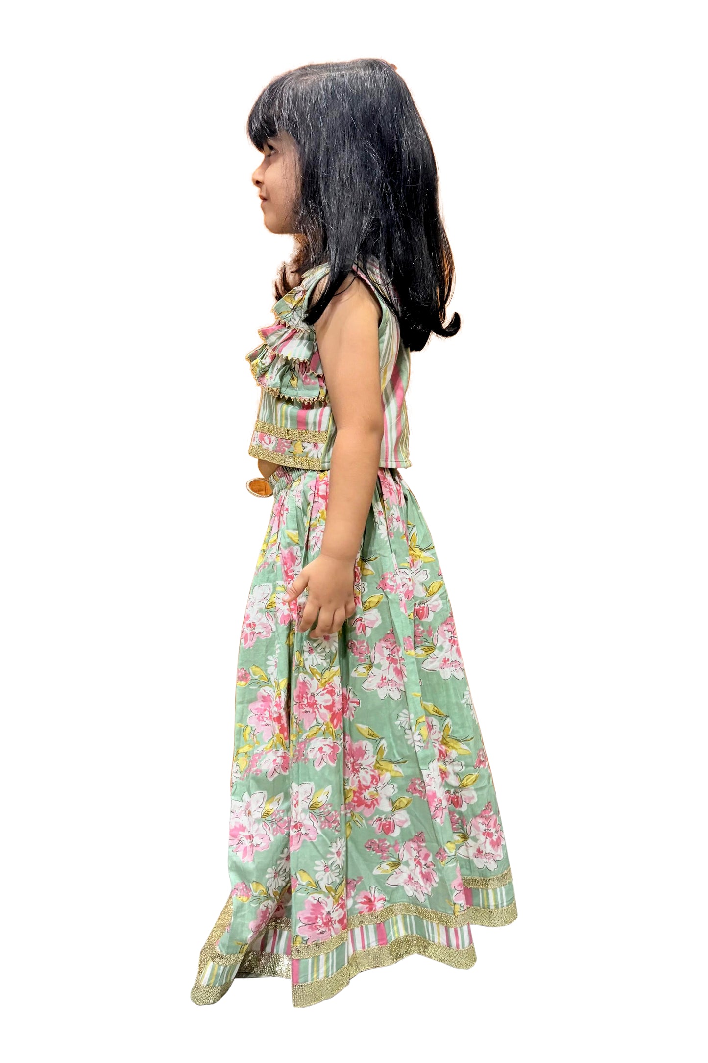 Twisha Cotton Sleeveless All Over Prined Top with Lehenga - Olive Green & Pink